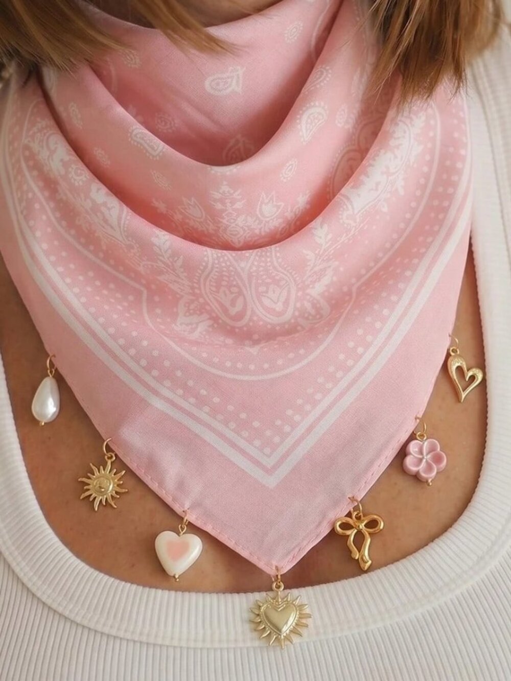 🌸 Pink Paisley Charm Bandana Scarf Heart Sun Bow Boho Hair Scarf